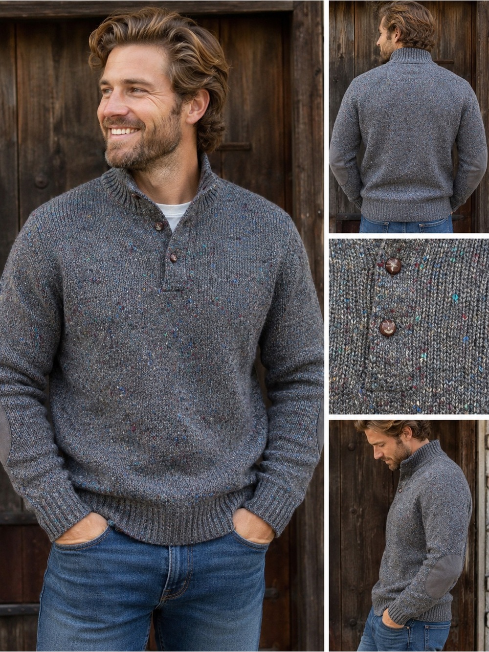 Vintage Pendleton Wool Henley Sweater Mens M Gray Fleck Suede Elbow Patches USA